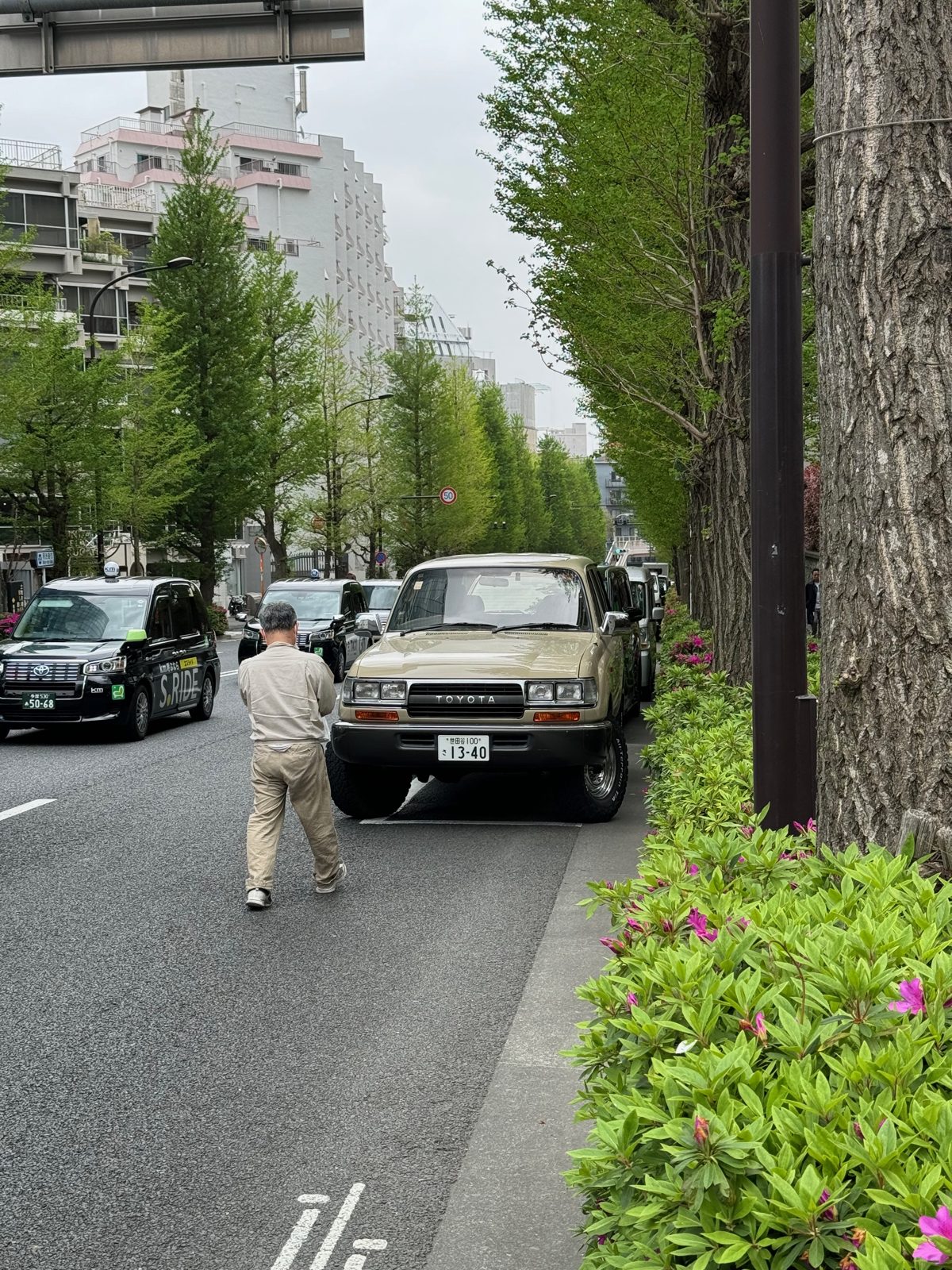 A tan vintage Toyota Land Cruiser 80 Series parked on a tree-lined Tokyo street with azaleas