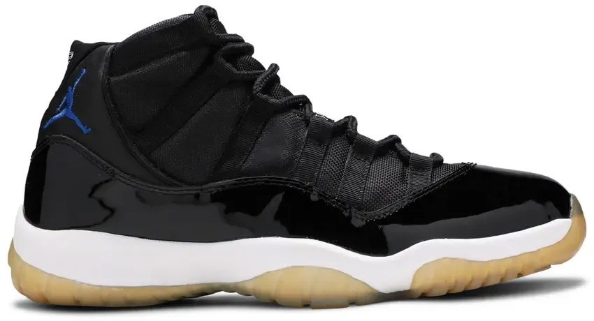 Air Jordan 11 Space Jam black patent leather sneaker on a white background